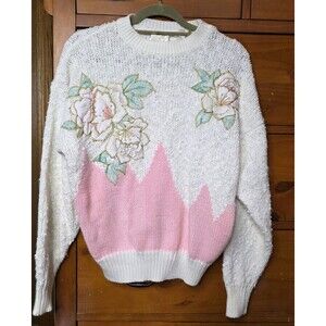 Vintage Needles & Yarn Sweater Size Large Pink Floral Embroidered Beads Cottage
